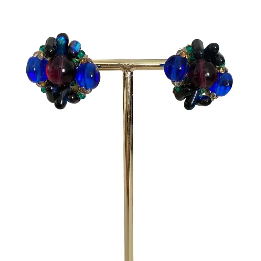 Lovely Vintage 60's Plastic Clluster Beaded Clip On Earrings Blue and Green